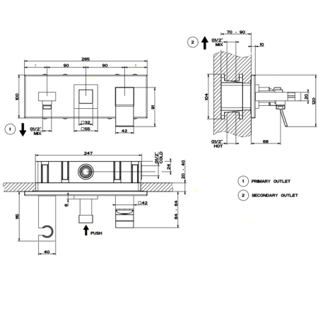 Gessi Rettangolo K Встраиваемый смеситель однорычажный, подводом воды, держателем лейки и переключателем PUSH(внешние части), цвет: хром, артикул 53140#031