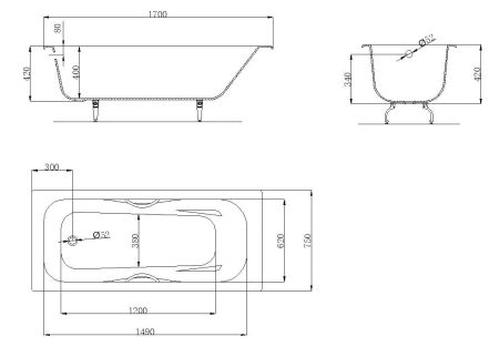 Бьёрн ванна чугунная 1700*750 б/п, с ручками, ножки в комплекте