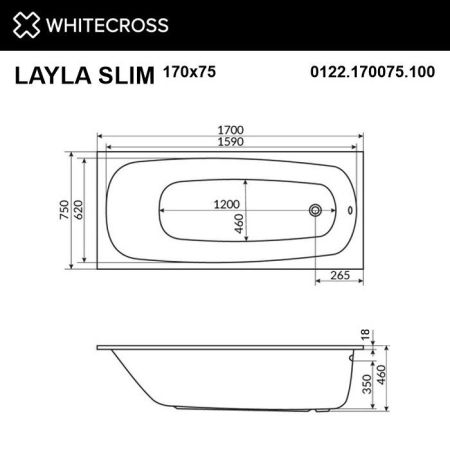 Ванна WHITECROSS Layla Slim 170x75 "SMART NANO" (золото), артикул 0122.170075.100.SMARTNANO.GL