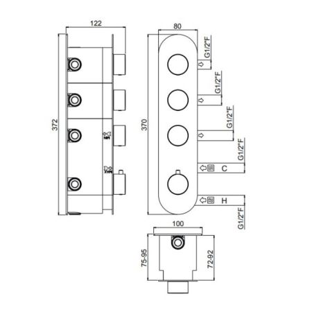 Смеситель для душа, Carimali, ILTONDO, на 3 потребителя, тип открывания воды-однорычажный, тип регулирования воды-термостатический картридж, монтаж-настенный встраиваемый, установка-вертикальная, круглые ручки/эстетическая панель, внутренняя часть-необход, артикул 21037EST/A-CR