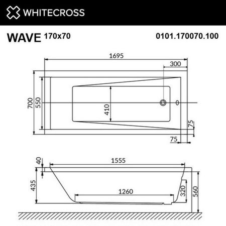 Ванна WHITECROSS Wave 170x70 "LINE NANO" (золото), артикул 0101.170070.100.LINENANO.GL