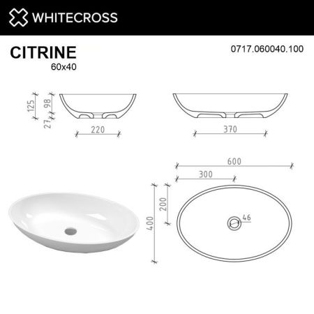 Умывальник WHITECROSS Citrine 60x40 (белый глянец) иск. камень, артикул 0717.060040.100
