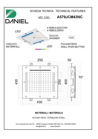 Daniel, потолочная лейка для душа (3х режимная) с 7 цветной светодиодной подсветкой, диаметр 430 мм, цвет хром