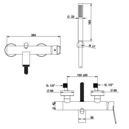 Bongio GIO2 Смеситель настенный для душа на 2 отв с ручной лейкой,  цвет: хром, артикул 80526CR0DPR