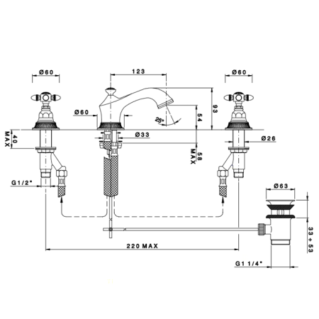 Nicolazzi Impero Смеситель для раковиныс автоматическим изливом на 3 отверстия с донным клапаном, цвет: хром, артикул 1208CR36