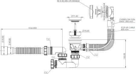 Слив-перелив для ванны Aquanet хром, п/а для ванны 80 см, квадрат, артикул 00339431