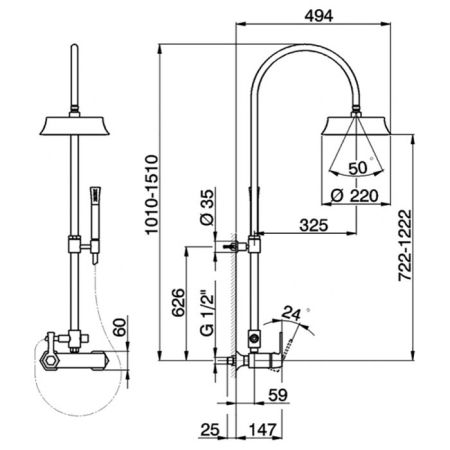CISAL Cherie Душевой комплект: смеситель, стойка с верхним душем, лейка+шланг, цвет золото/черный, артикул CH0040547C