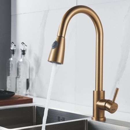 Смеситель для кухни с выдвижным изливом Raffine F213G, золотой сатин, артикул F213G