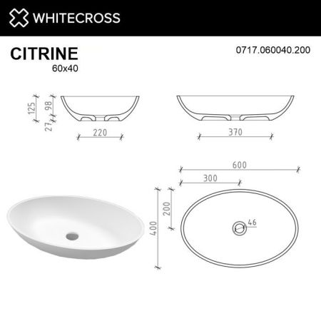 Умывальник WHITECROSS Citrine 60x40 (белый мат) иск. камень, артикул 0717.060040.200