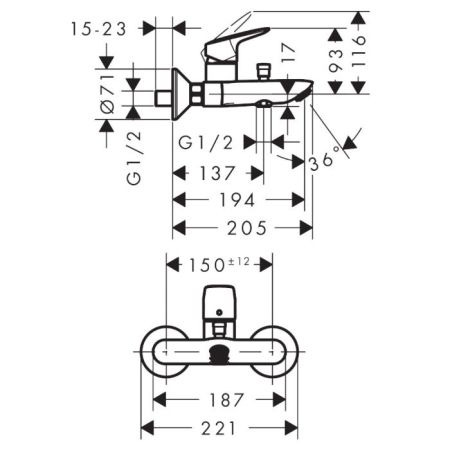Смеситель для ванны и душа, Hansgrohe, Logis, тип открывания воды-однорычажный, тип регулирования воды-керамический картридж, тип установки-настенный, отверстия для монтажа-2, вынос излива, мм-205, тип излива-неподвижный, комплектация-переключатель вакуум, артикул 71400670