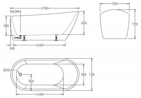 Акриловая ванна без перелива BELBAGNO BB62-1700-W0, 1700х720х720, артикул BB62-1700-W0