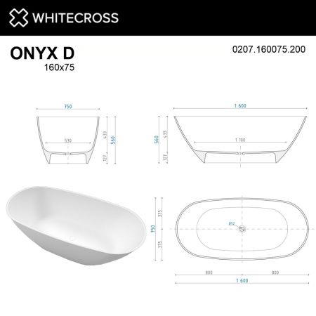 Ванна WHITECROSS Onyx D 160x75 (белый мат) иск. камень, артикул 0207.160075.200