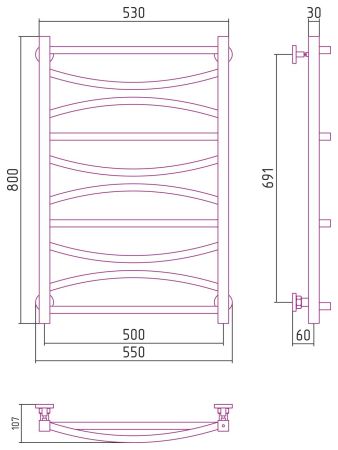 Полотенцесушитель, Сунержа, Ажур, водяной, ширина, мм-550, глубина, мм-107, высота, мм-800, подключение-нижнее, мощность, Вт-429, материал-нержавеющая сталь, цвет-без покрытия