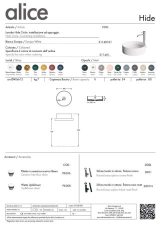 Alice Hide, накладная круглая раковина Ø40х12h см, цвет белый глянцевый, артикул 31140101