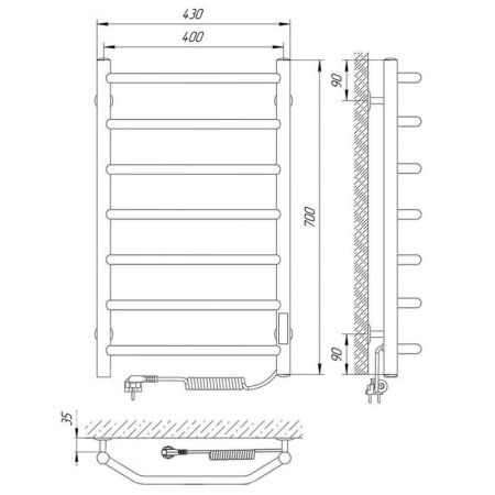 Полотенцесушитель электро "Виктория П7 400*700", правый, артикул 73207639