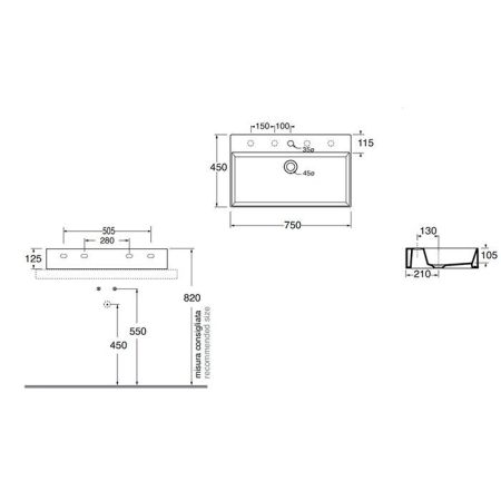 AZZURRA ELEGANCE Squared раковина подвесная/накладная  75х45см с 1 отв. под смеситель , цвет Cacao