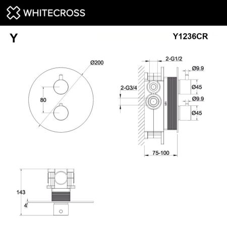 Смеситель термостатический для душа скрытого монтажа WHITECROSS Y Y1236CR (хром), артикул Y1236CR