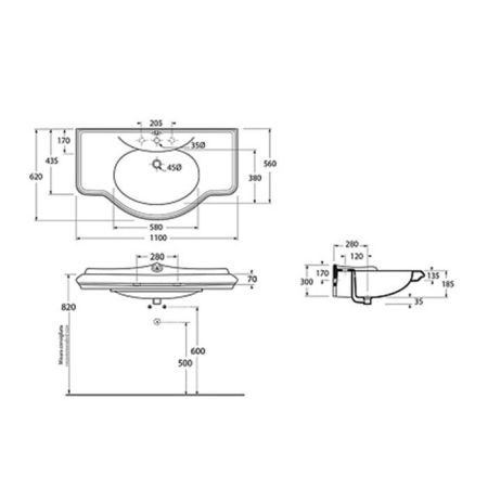 AZZURRA JUBILAEUM раковина со спинкой 112*62см с 3 отв под смеситель, цвет белый