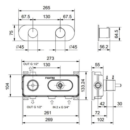 FANTINI AA/27 Смеситель настенный встраиваемый, термостатический, с переключателем на 2 положения, внешняя часть, отделка матовая натуральная сталь, артикул 33 93 Y372B