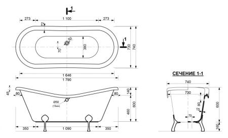 Ванна из искусственного камня Эстет Бостон 180x74 Белая