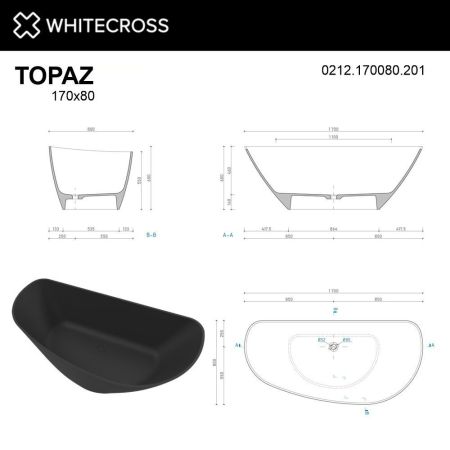 Ванна WHITECROSS Topaz 170x80 (черный мат) иск. камень, артикул 0212.170080.201