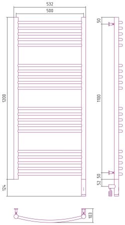 Полотенцесушитель, Сунержа, Богема 3.0, выгнутая, электрический, ширина, мм-532, глубина, мм-103, высота, мм-1324, межосевое расстояние-500, нагревательный элемент-ТЭН, подключение-нижнее справа, электрокомплект-МЭМ, мощность, Вт-300, материал-нержавеющая, артикул 31-5803-1250