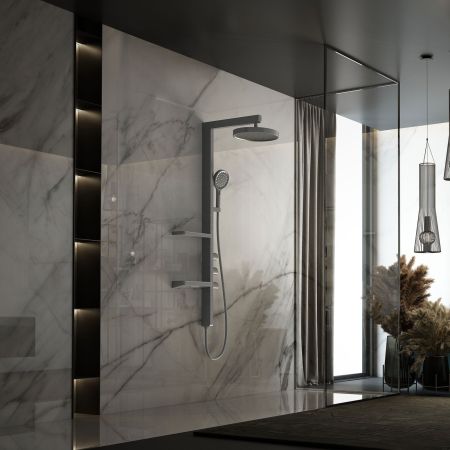 душевые стойки Vincea Душевая стойка Inspire VSFS-3I11GM с изливом, 30см верх душ, вороненая сталь,, артикул VSFS-3I11GM