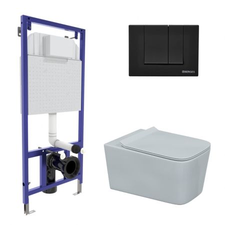 Комплект BERGES для монтажа  подвесного унитаза: инсталляция NOVUM525, кнопка S5 SoftTouch черная, унитаз FLOE Rimless, сидение дюропласт Floe Slim SO, микролифт, быстросъем, артикул 043230