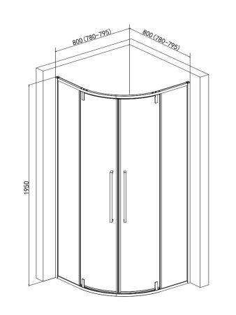 Душевой уголок 800*800*1950мм.,  стекло 6мм, цвет профиля матовый черный., артикул AQM7101-2-8