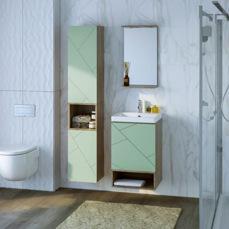 Тумба с раковиной и нишей Бриклаер КРИСТАЛЛ 50F, фисташковый/дуб гранж песочный, артикул КРИСТАЛЛ 50F