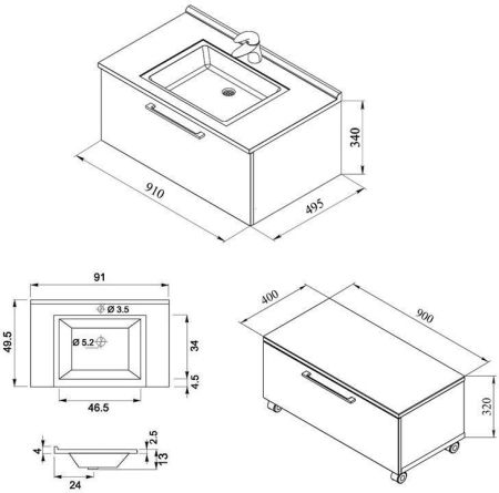 Тумба под раковину De Aqua Квадро-2 90 белый (подкатная 1 ящик), артикул 00185587