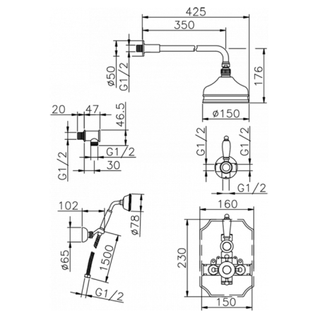 HUBER Victorian Комплект:термостатический смеситель c запорным вентилем,переключатель,верхний душ Easy Clean,ручной душ со шлангом на держателе,вывод,, артикул 913.VT02H.CR
