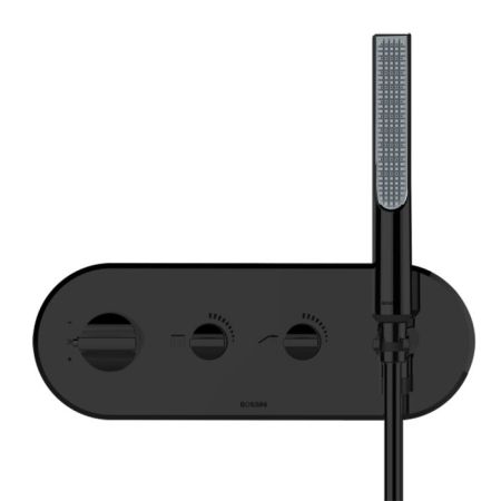 BOSSINI APICE Наружная часть термостатического смесителя из стены на 2 выхода, ручной душ,шланг Cromolux 150 см, цвет черный матовый