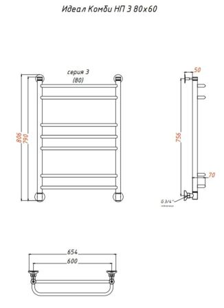 Водяной полотенцесушитель Тругор Идеал Комби 3 НП 80x60 Хром, артикул Идеал/комби3/нп8060
