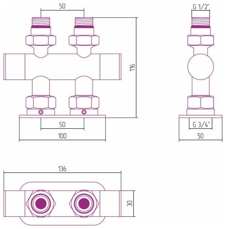 Вентиль 2х1/2" прямой скрытый-скрытый EU50 (Сатин)