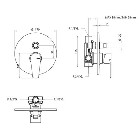 Bongio Pi7 Встраиваемый смеситель для душа, цвет хром, артикул 07529CRPR