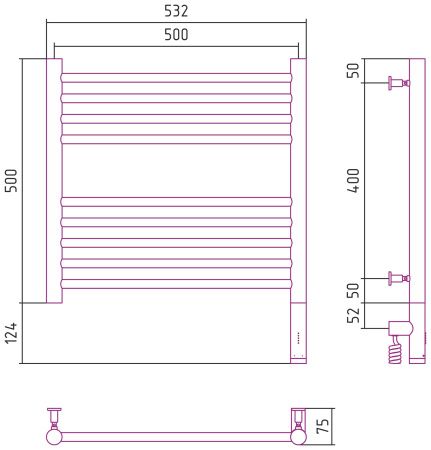 Полотенцесушитель электрический "БОГЕМА 3.0" прямая 500х500 / МЭМ правый (Матовое золото)