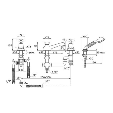 Stella Italica Смеситель на борт ванны на 4 отверстия 3256TC308, цвет: хром, артикул IT 02303 CR00