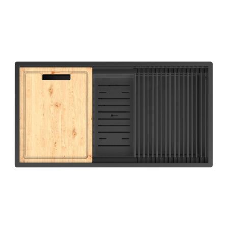 Кухонная мойка Lemark TABAGA 820 прямоугольная из нержавеющей стали с аксессуарами в комплекте: ролл-мат, коландер, разделочная доска цвет: чёрный матовый (9932136), артикул 9932136