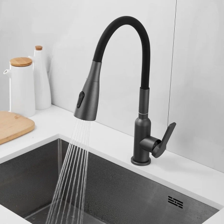 Смеситель для кухни с гибким изливом Shevanik S843T-3, оружейная сталь/черный, артикул S843T-3