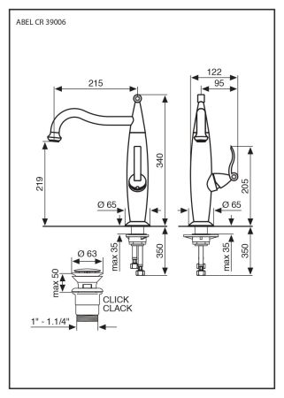 Высокий смеситель Abel для раков с донным клапаном "click-clack", цвет бронза, артикул 39006BR