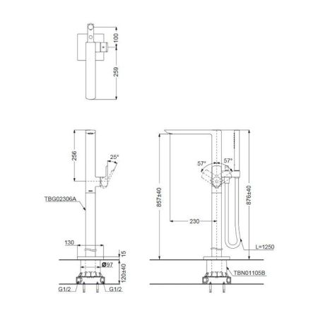 TOTO Jewelhex Смеситель для ванны, 113x374x876мм, отдельностоящий с ручным душем, Active Wave, цвет: хром, артикул TBG02306R