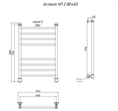 Водяной полотенцесушитель Тругор Аспект 2 НП 80x60 Хром, артикул Аспект2/НП8060