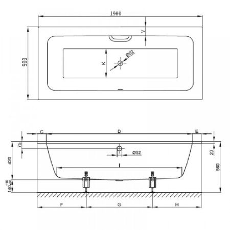 BETTE One Ванна с шумоизоляцией 190х90х42, цвет белый (для удлиненного слива-перелива), артикул 3314-000