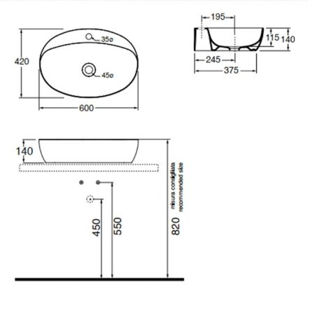 AZZURRA ELEGANCE CIRCLE раковина накладная 60х42х14см с 1 отв. под смеситель , цвет carbone, артикул ELLA060420CMCA*1