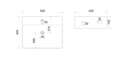 Раковина накладная Vinkel белая прямоугольная с полочкой под смеситель 520*420*155 (без ДК)
