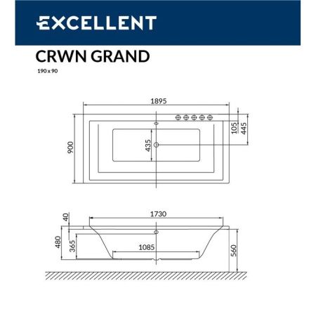 Ванна EXCELLENT Crown Grand 190x90 "LINE" (хром), артикул WAEX.CRG19.LINE.CR