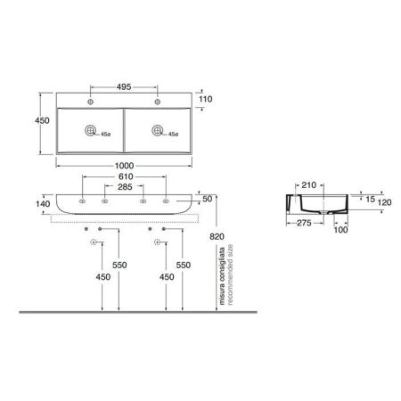 AZZURRA LEUCA Раковина двойная накладная 100х45х14 см, без отв. под смеситель, цвет белый