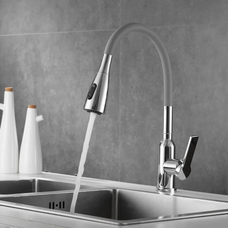 Смеситель для кухни с гибким изливом Shevanik S843-9, хром/серый