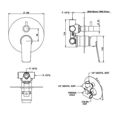 Bongio GIO2 Смеситель встроенный для душа с переключателем, 2 выхода, механический, цвет: хром (без встраиваемой части 9763), артикул 80519CRPREU